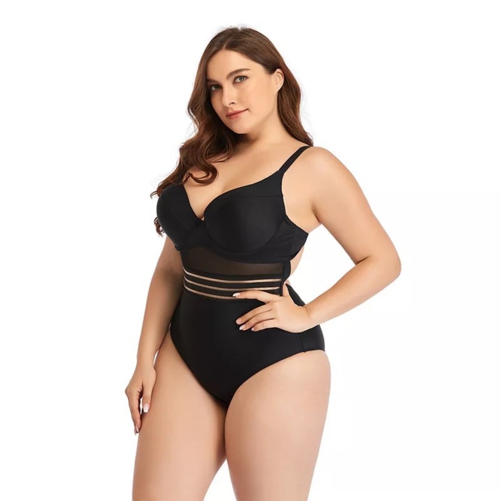 Plus Size Black Bathing Suit with Mesh Waistline